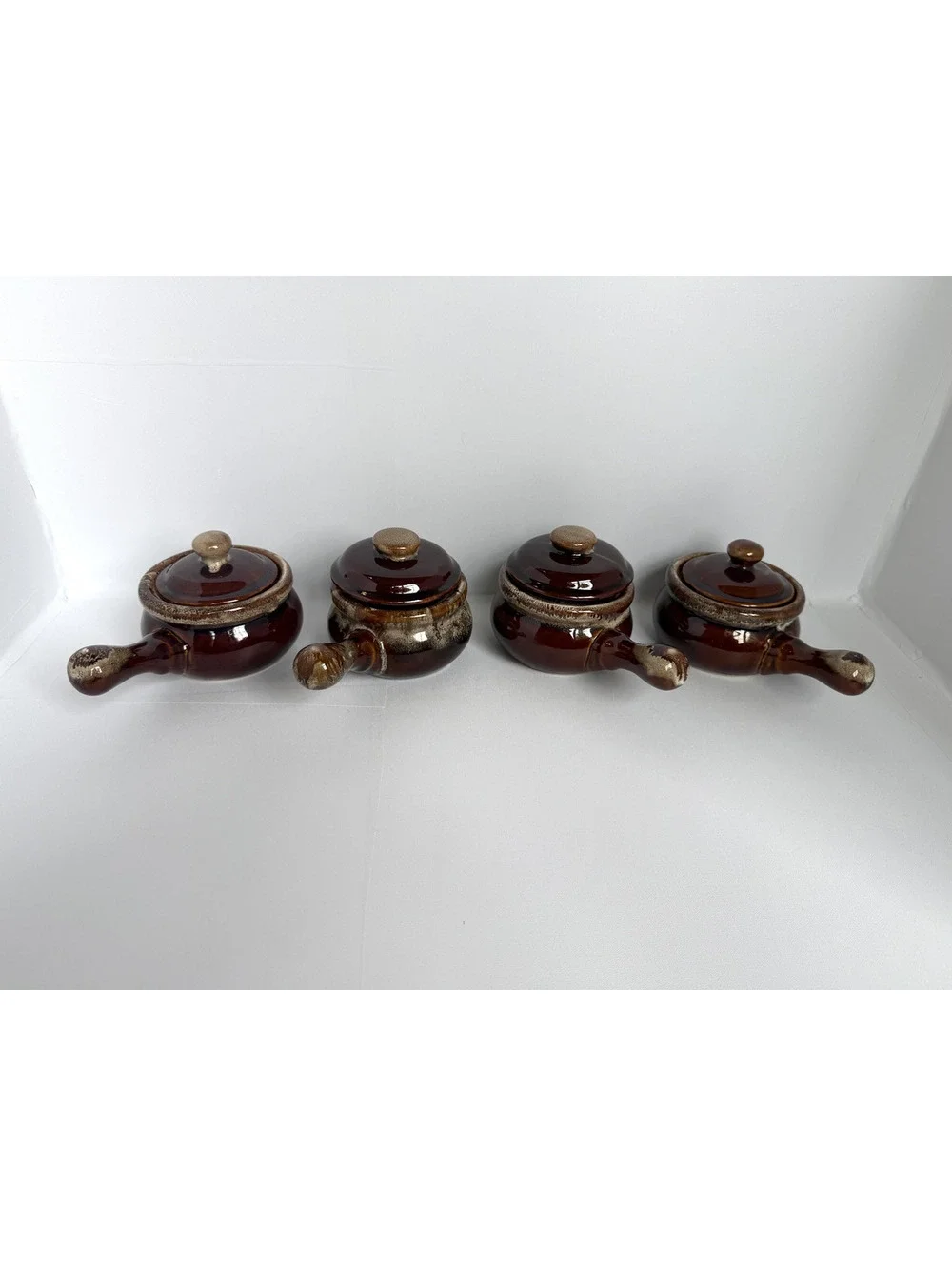 Set of 4 Vintage Brown Ceramic Sauce Pans with Lids